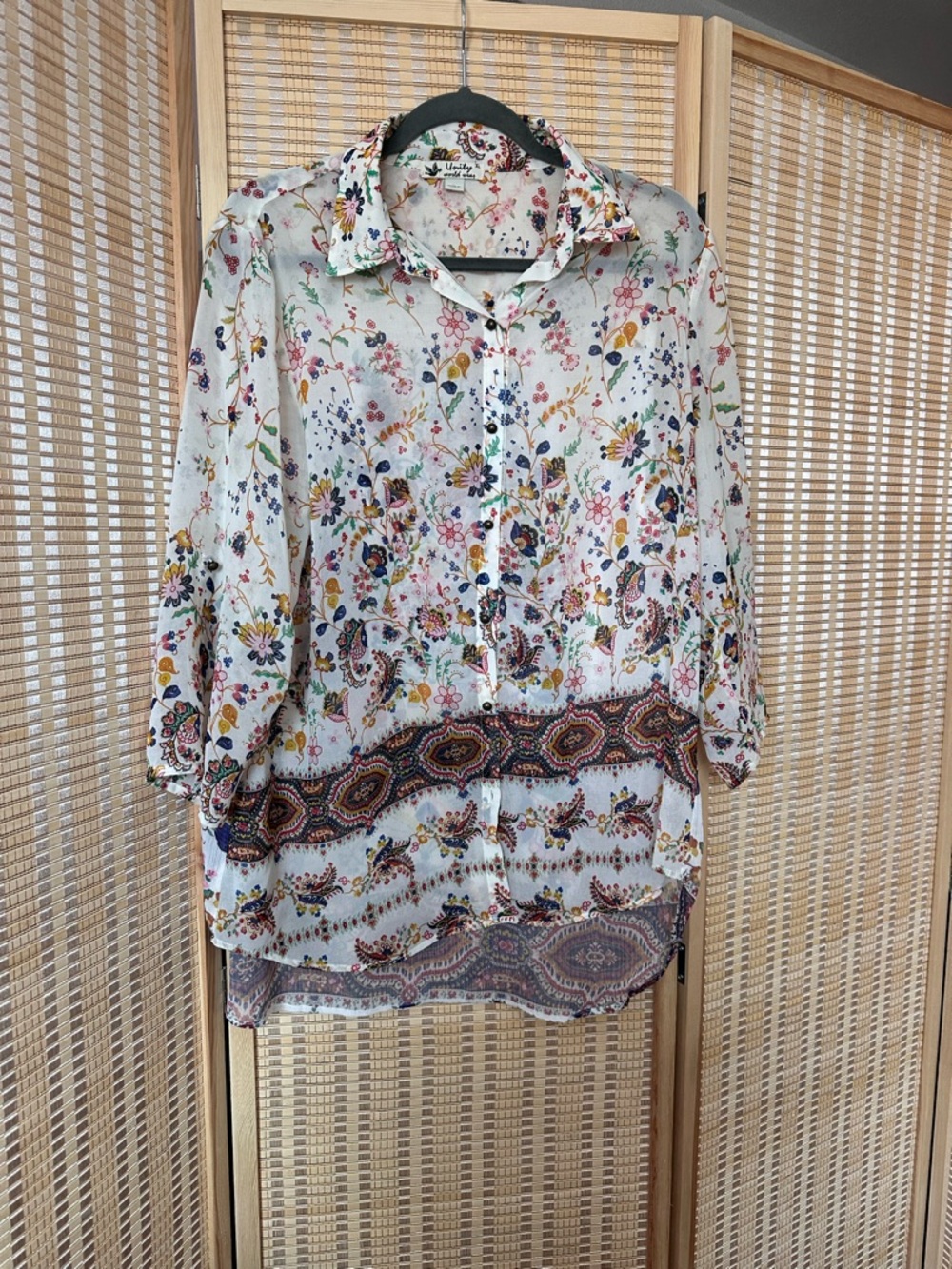 Unity World Wear Cream Floral Paisley Button-Up Blouse
